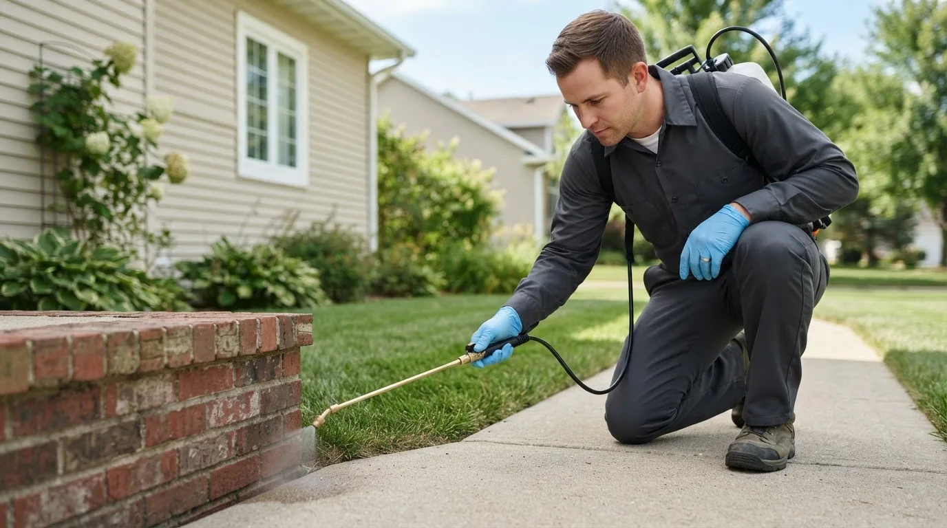 Pest control technician treating a home near Clare, IA
