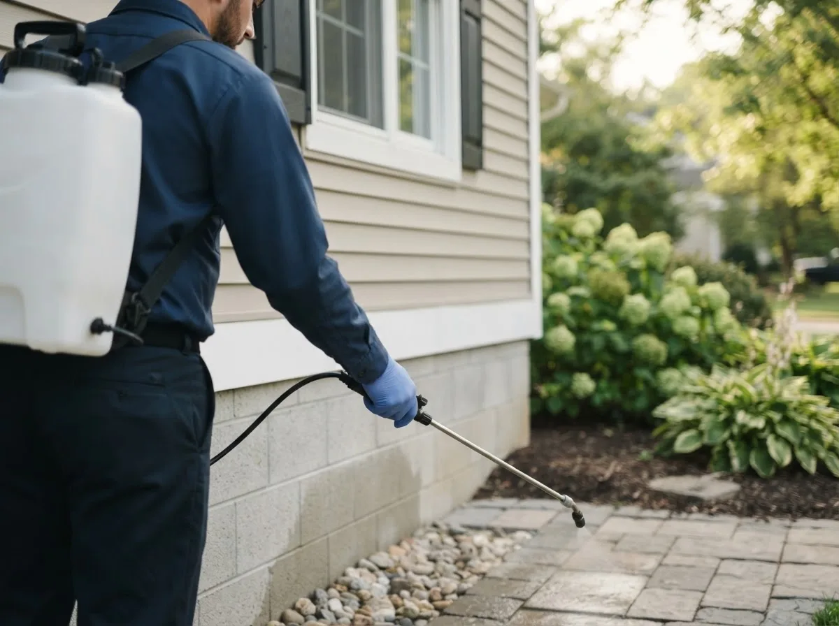 Pest control technician inspecting a home in Clare, IA